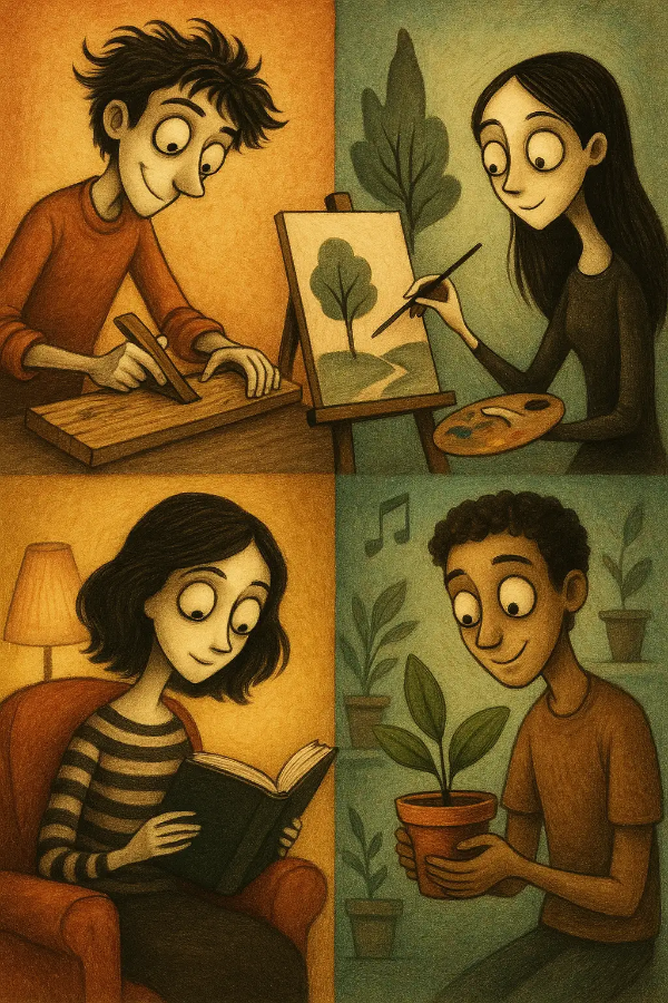 다양한 취미 활동(목공, 독서, 그림 그리기, 식물 가꾸기 등)을 하는 사람들의 콜라주
