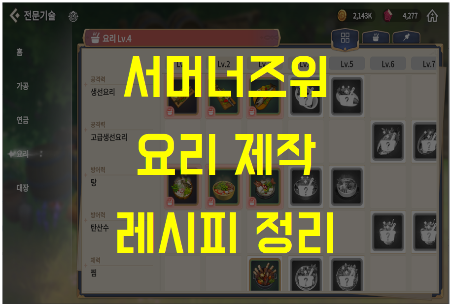  서머너즈워 크로니클, 전문기술 요리 1~4레벨 제작 레시피 정리 ( + 주먹고기 수급처, 자동 낚시)