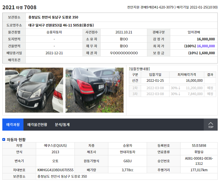 2021타경7008-자동차-경매물건-에쿠스-경매정보지