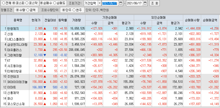  6월17일 코스피 코스닥 외국인 기관 동시 순매수 순매도 상위 종목 TOP 100