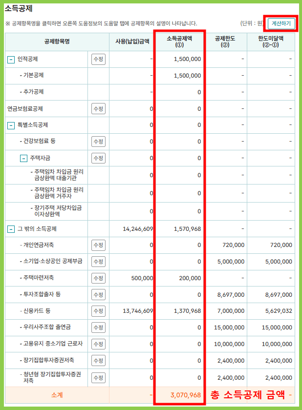 연말정산 모의계산 절차 4번 총 공제액 계산