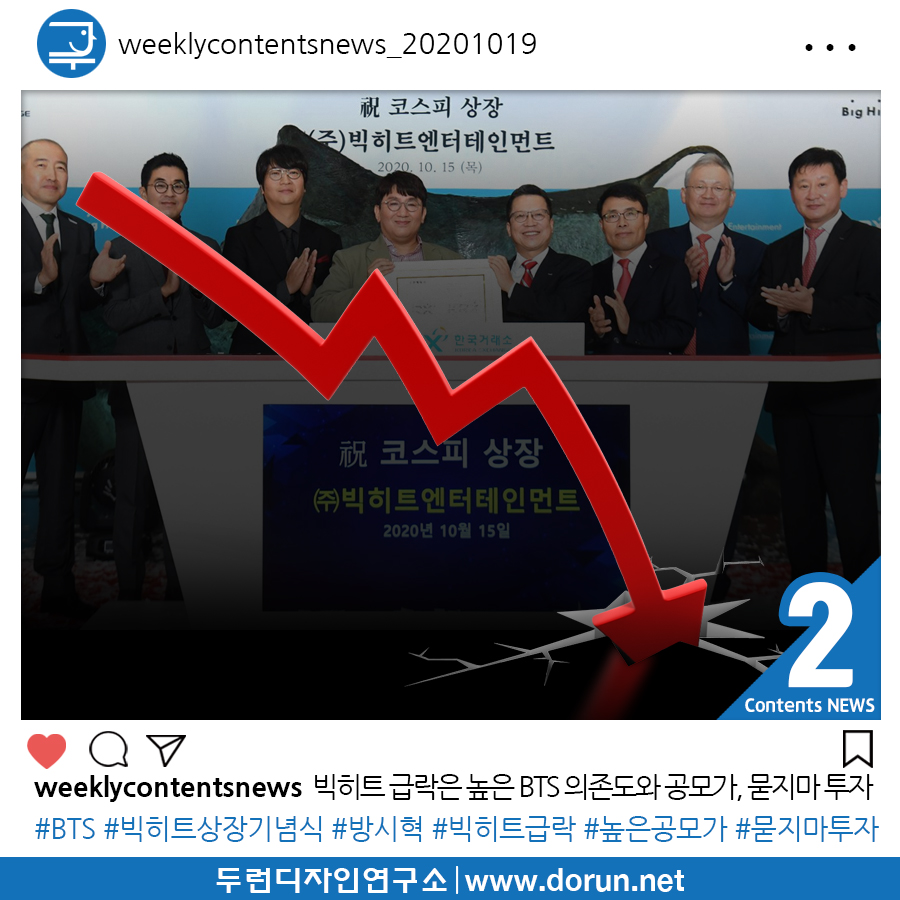  2020년 10월 4주차 콘텐츠 카드뉴스#2-빅히트 상장 후 급락은 높은 BTS 의존도와 공모가, 묻지마 투자