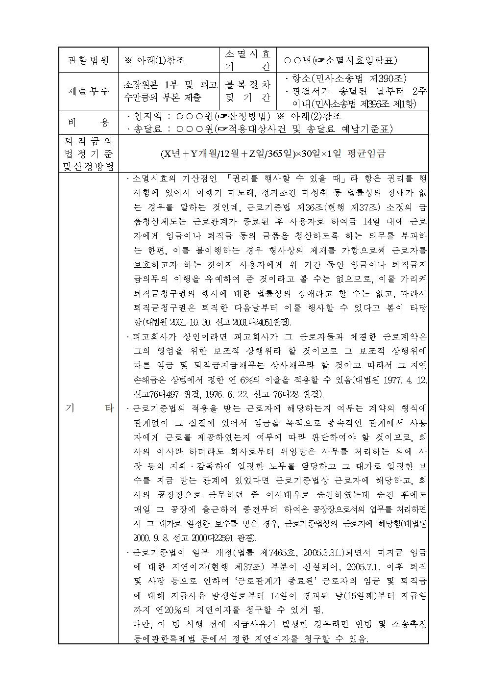 퇴직금청구 소장 양식 캡쳐