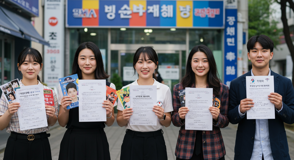 2025년 제21대 대통령선거에서 투표인증종이를 들고 즐겁게 투표에 참여하는 MZ세대들의 모습. 각자 좋아하는 캐릭터와 팬덤을 나타내는 개성 있는 인증종이를 들고 있는 모습에서 새로운 투표 문화의 활기찬 분위기를 느낄 수 있다.