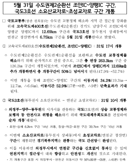  5월 31일 수도권제2순환선 조안IC~양평IC 구간, 국도3호선 소요산교차로~초성교차로 구간 개통