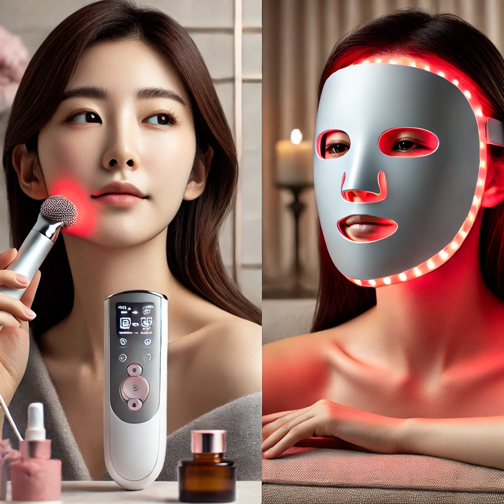 갈바닉 마사지기 &amp; LED 마스크를 사용하는 모습