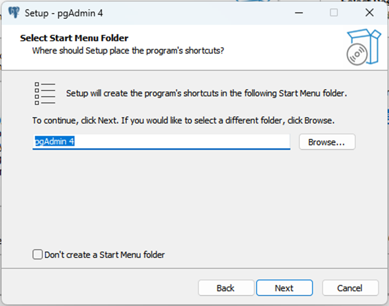 pgAdmin 4 설치시 메뉴 폴더명 입력 화면