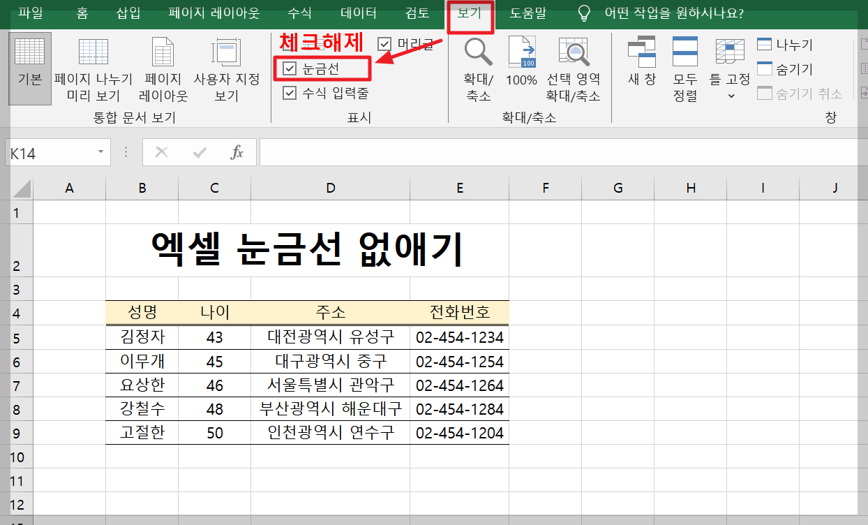 엑셀 눈금선 없애기