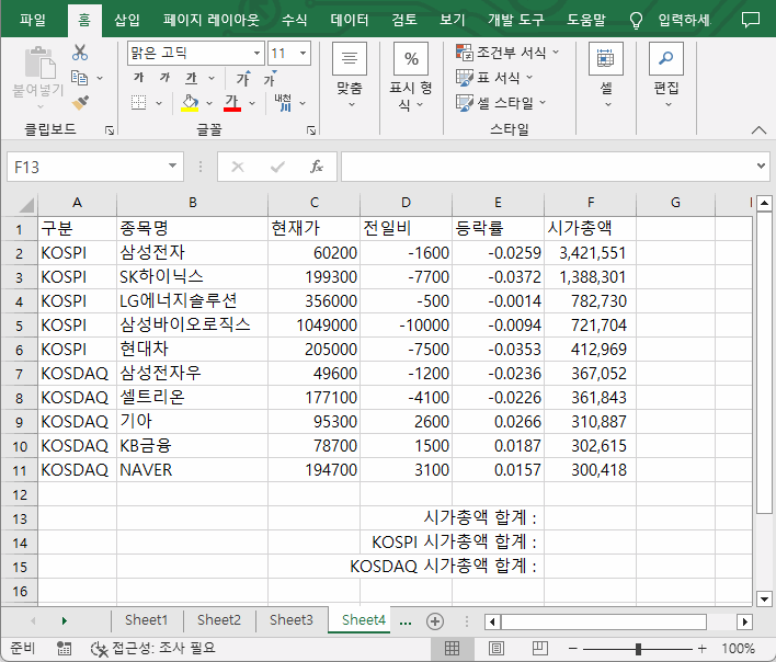 sumif 함수 사용 예시