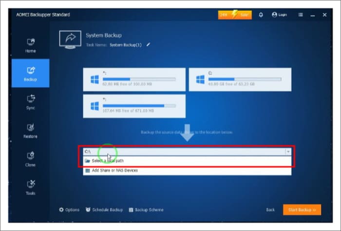 Select a local path 옵션
