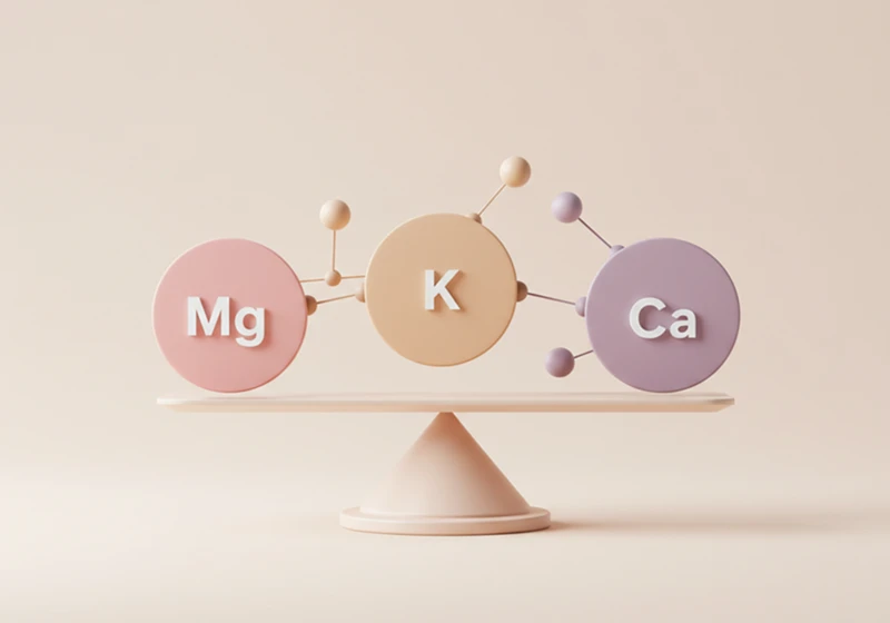 마그네슘(Mg), 칼륨(K), 칼슘(Ca) 화학 기호 아이콘이 서로 연결되어 균형 잡힌 저울 위에 놓여있는 모습의 심플한 그래픽.