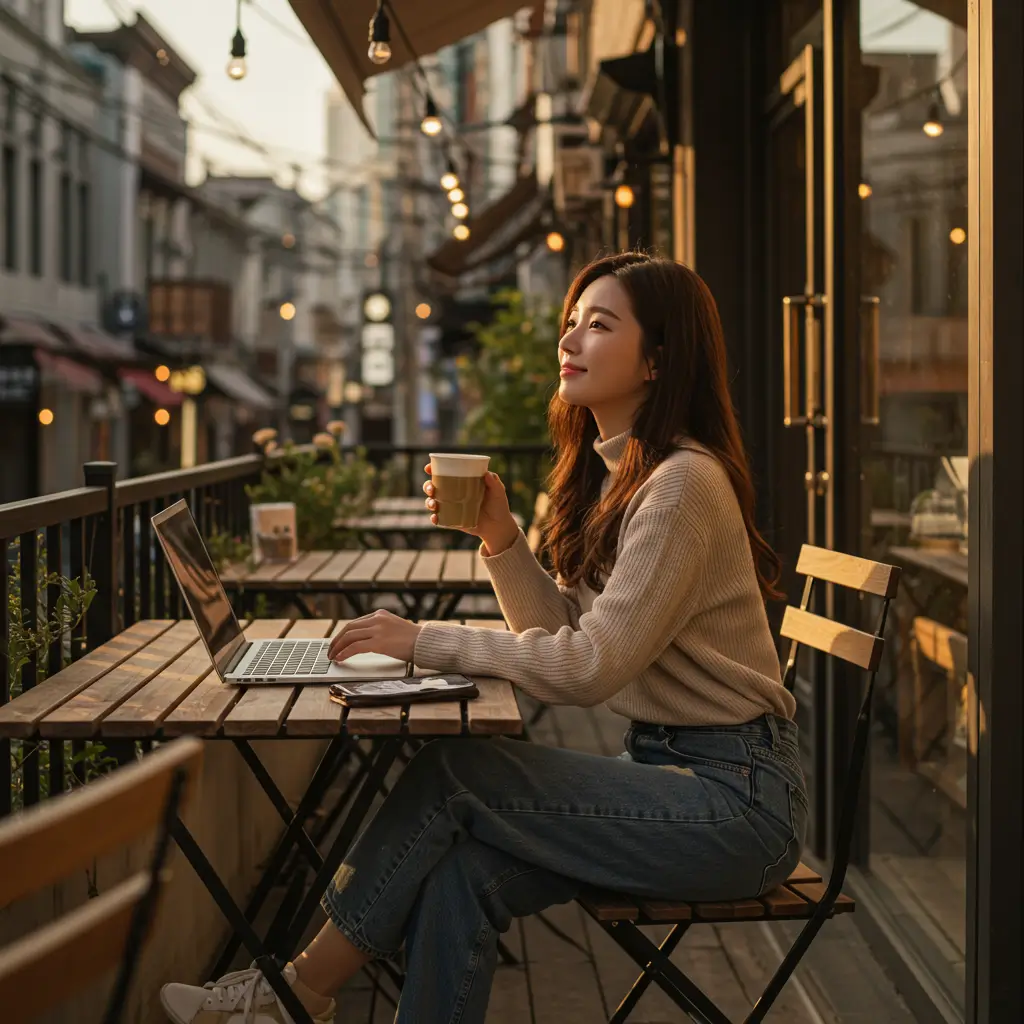 서울의 세련된 카페 테라스에 앉아 노트북을 사용하며 만족스러운 표정으로 창밖을 바라보는, 여유로운 주말을 즐기는 아름다운 한국 여자.webp