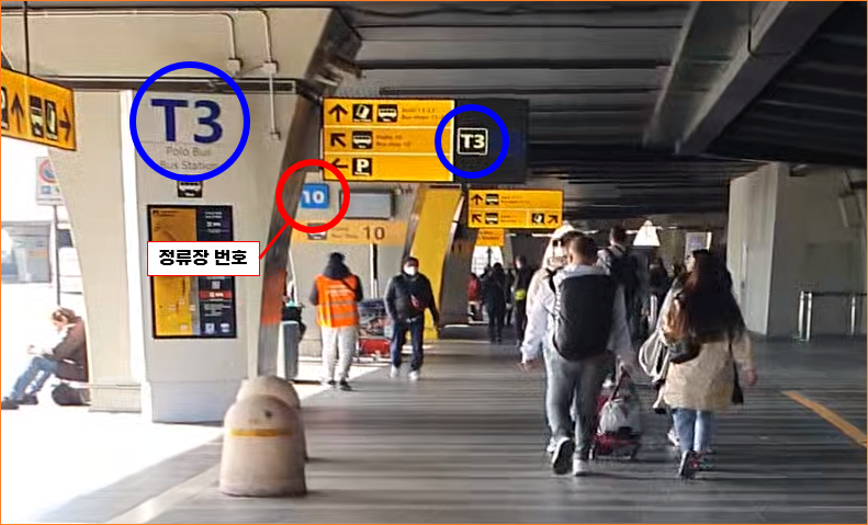 레오나르도 다빈치 국제공항(피우미치노 공항)에서 버스 타는 곳<T3(터미널 3) 방향>