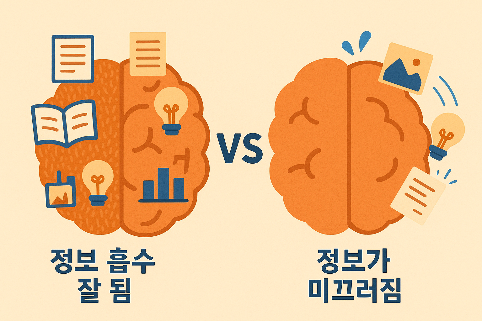한쪽 뇌에는 벨크로가 붙어있어 새로운 정보가 잘 달라붙고, 다른 쪽 뇌는 매끈해서 정보가 미끄러지는 것을 비교하는 이미지