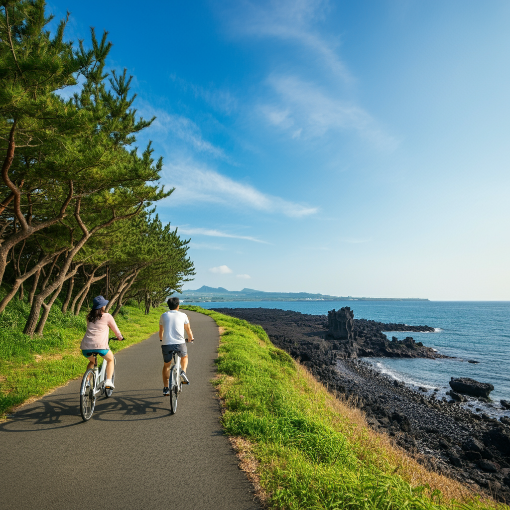 제주도 해안도로에서 자전거를 타는 커플, 바다와 푸른 숲을 배경으로 한 평화로운 자전거 여행 장면