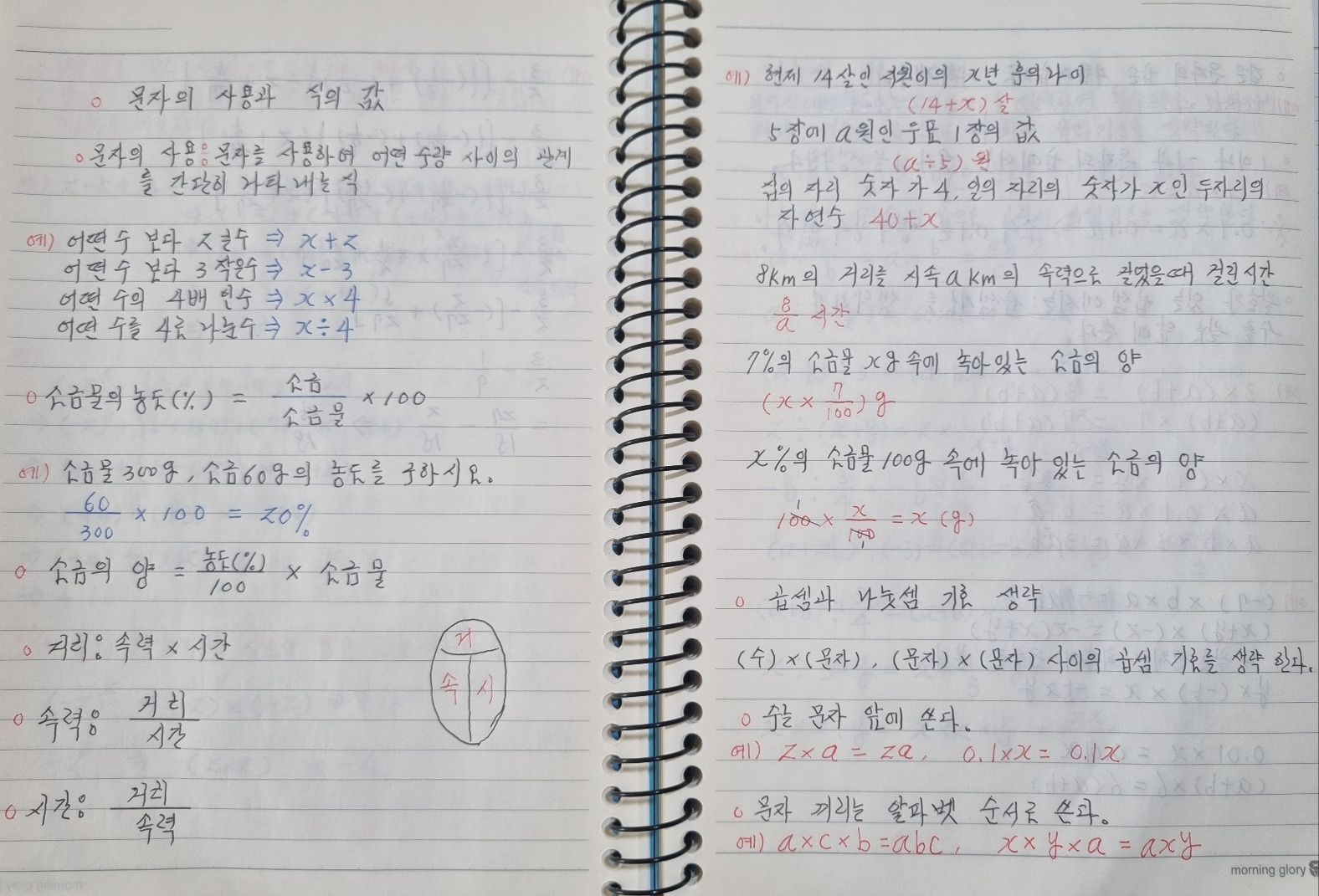 (첫 번째 손글씨 사진 : 문자의 사용 &amp; 곱셈과 나눗셈 기호 생략)