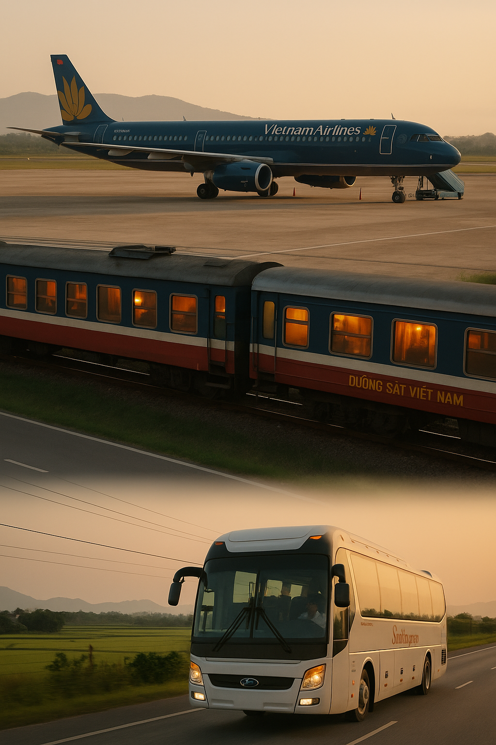 노을빛이 감도는 베트남 풍경 속에 공항 활주로의 비행기, 철길 위의 기차, 그리고 해안 도로를 달리는 버스가 한눈에 어우러진 장면