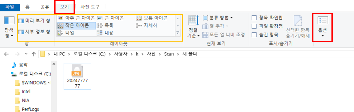 파일 폴더에서 보기 옵션 미리보기