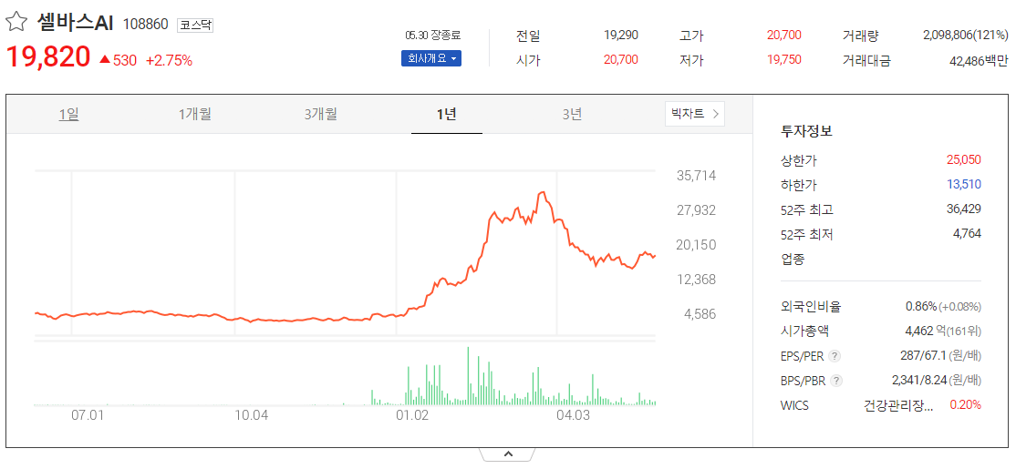 출처_다음증권_ 셀바스AI _종목홈페이지