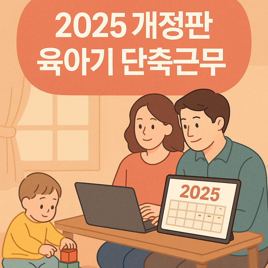 엄마 아빠가 아기를 보며 육아기 단축근무 신청서 쓰는 그림