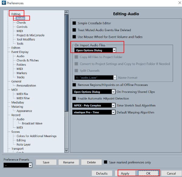 환경설정(Edit - Preferences): 오디오 파일 임포트 시 옵션 창