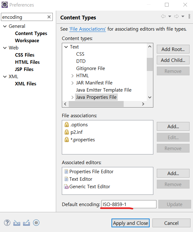 Text 에서 Java Properties File 을 누르면 맨 밑에 Default encoding을 UTF-8 로 바꾼다
