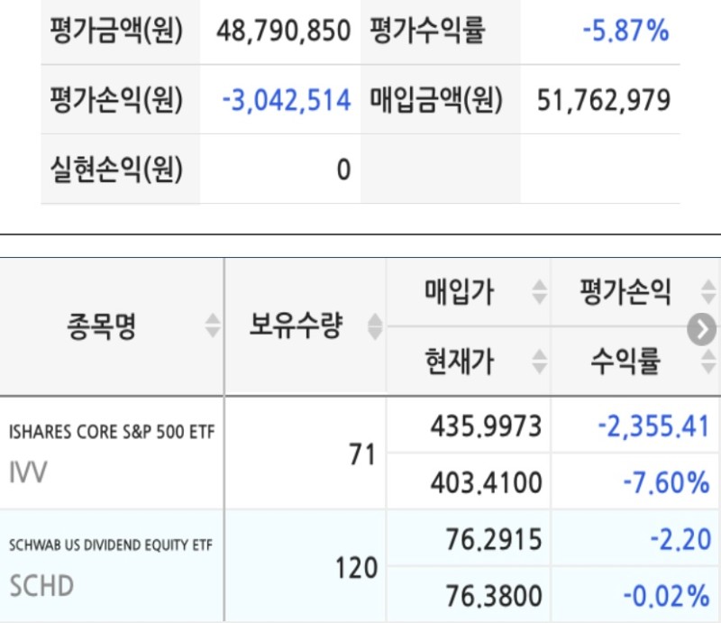  IVV, SCHD ETF 보유 매수 현황 46주차