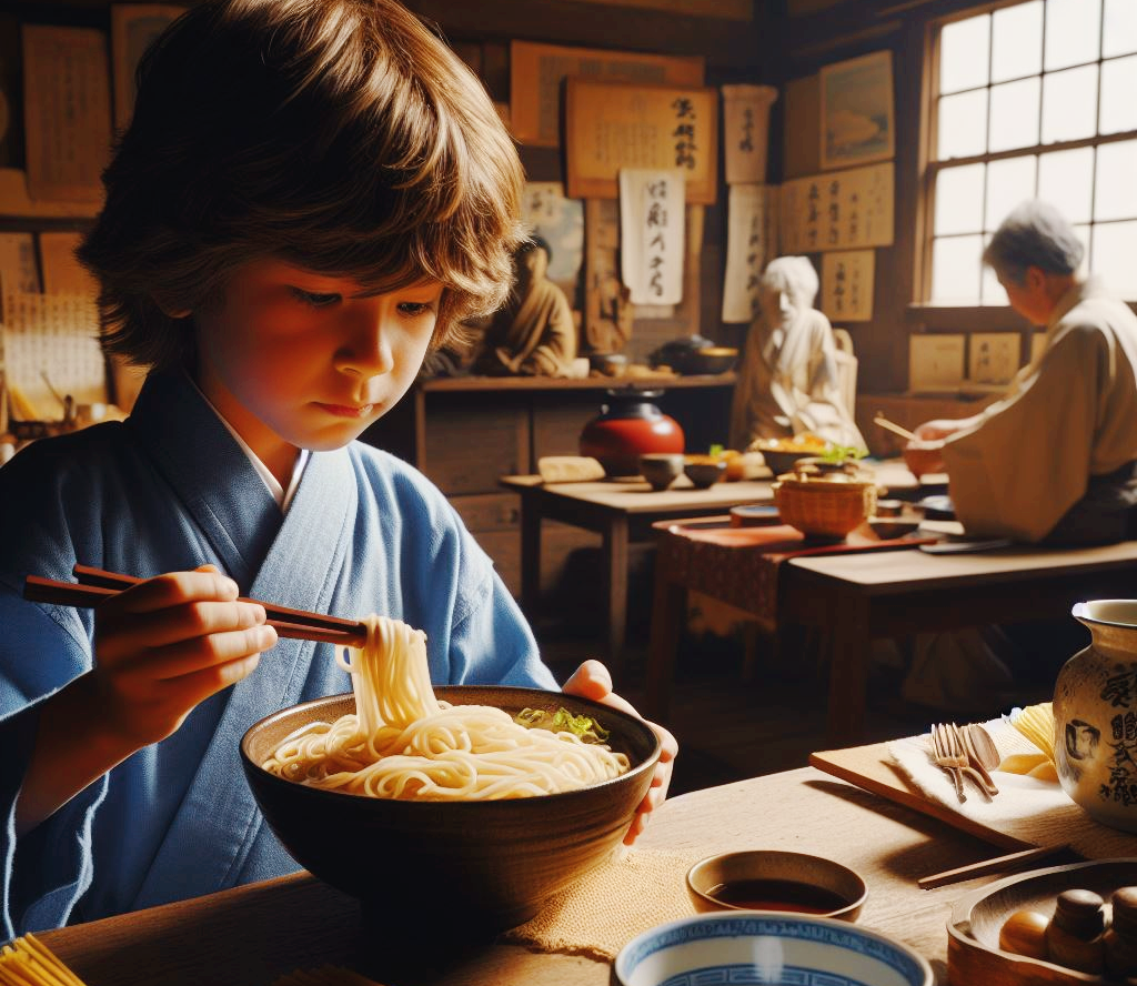 고풍스러운 식당에서 일본 전통음식 소바를 먹고 있는 초등학생의 모습입니다. 맛있는 국수를 한 젓가락 들고 있습니다.