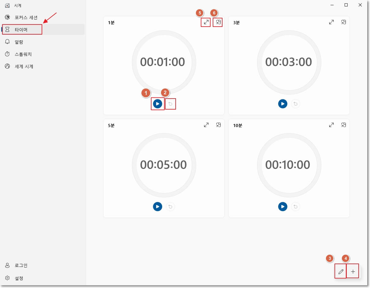 시계 앱의 왼쪽 메뉴에서 두 번째에 있는 '타이머'를 클릭하고 나오는 화면입니다. 처음엔 4개의 타이머가 있는데, 타이머 중간 아래에 있는 시작, 초기화 아이콘의 위치와 제일 오른쪽 아래에 있는 수정, 추가 아이콘의 위치, 그리고 각 타이머의 오른쪽 상단에 있는 타이머 확대, 축소 아이콘의 위치를 표시하였습니다.