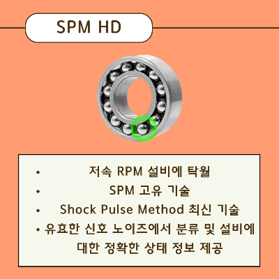 SPM-HD란
저속-RPM-설비에-탁월
SPM-고유-기술
Shock-Pulse-Method-최신-기술
유효한-신호-노이즈에서-분류-및-설비에-대한-정확한-상태-정보-제공