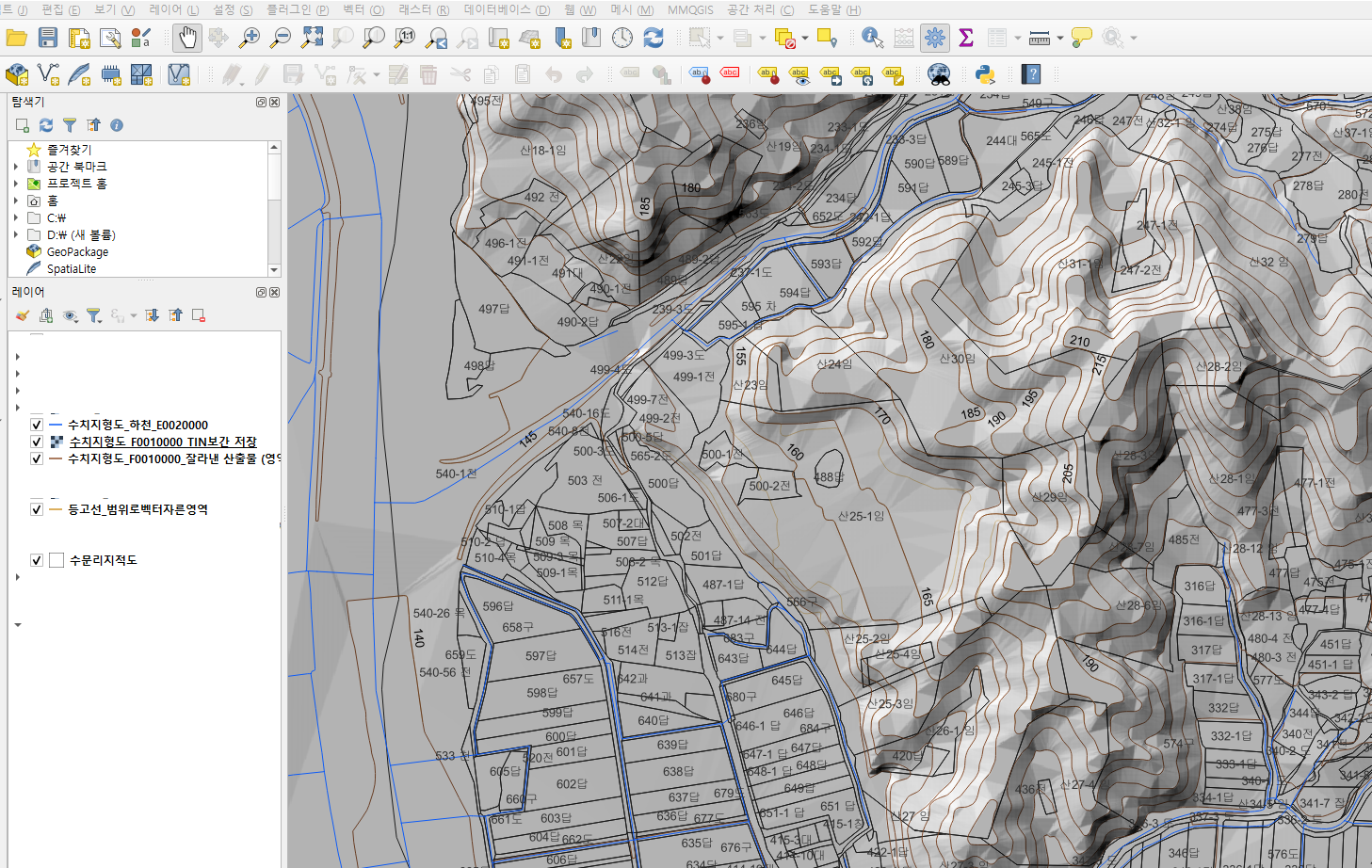  Qgis 수치지형도를 이용한 등고선표시, 하천표시 (TIN 보간)