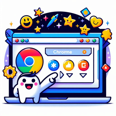 크롬 로고를 가리키는 귀여운 캐릭터와 브라우저 창 일러스트