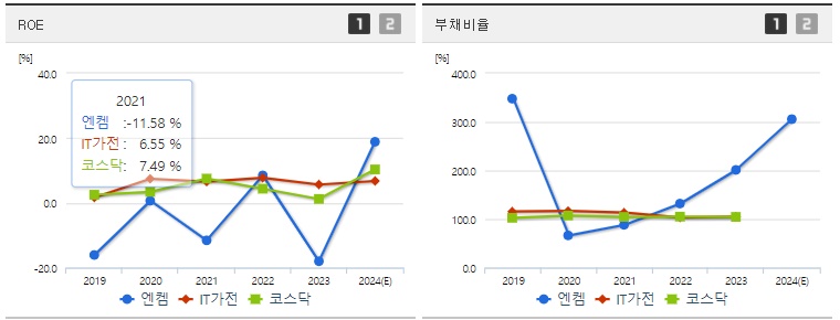 엔켐 ROE,부채비율 지표