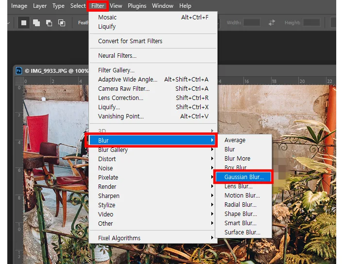 어도비 포토샵 CC에서 블러 설정하는 모습