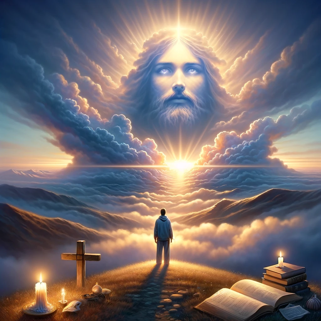 Here is the image depicting a person on their spiritual journey towards recognizing Jesus as their savior&amp;#44; embodying wisdom and perception.