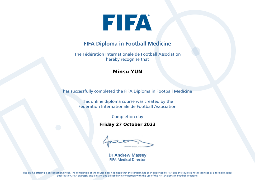  국제축구연맹 인증 FIFA diploma 스포츠의학 전문의