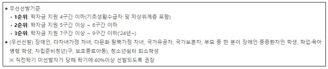 국가근로 장학금 우선선발 기준