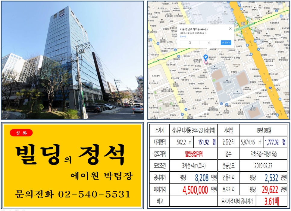  [강남구 삼성역 오피스빌딩 실거래가 조회] 대치동 944-23 (삼성역) 450억 원, 평당 2억 9,622만 원, 연면적당 2,532만원 한국호큐쇼, 브랜드칸, 영동대로복합터미널
