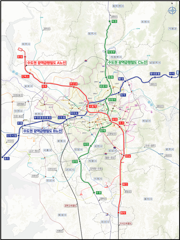 수도권-광역급행철도-GTX의-노선을-지도에-표시한-사진