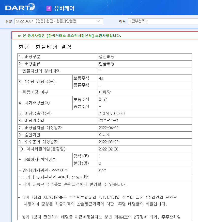 유비케어-배당공시