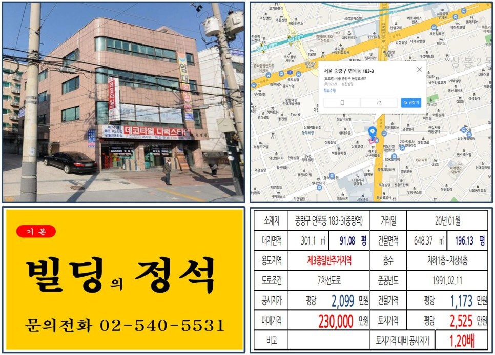  [중랑구 면목선 경전철 호재지역 20억 꼬마빌딩 실거래가 조회] 면목동 183-3 (중랑역) 23억 원, 평당 2,525만 원 매매되었습니다.