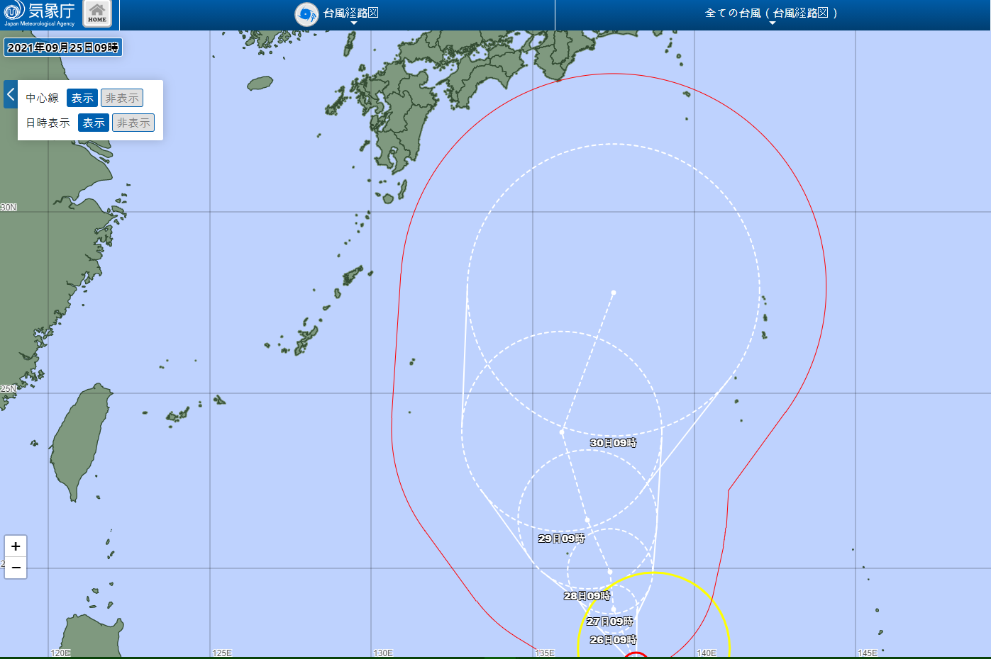 일본기상청-16호태풍-민들레-예상정보-2021년-9월25일-9시