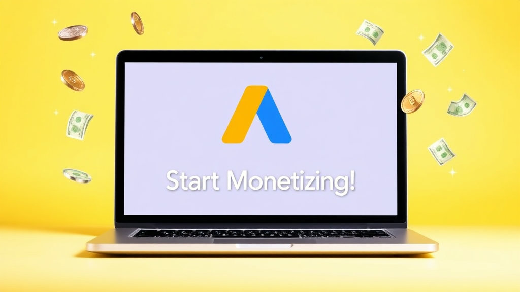 The Google AdSense logo and the phrase "Start Monetizing!" 뜨는 on a laptop screen, with sparkling coin and banknote icons 날아다니는 around in a positive image.