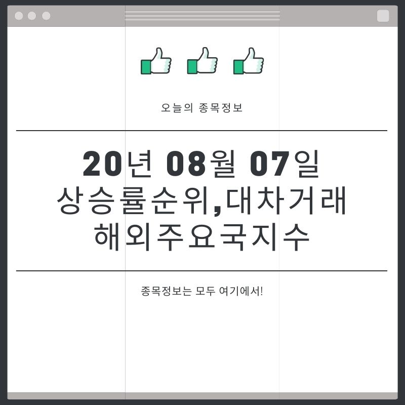  [20년 08월 07일]주요국지수및 대차거래와 오늘의 상승순위