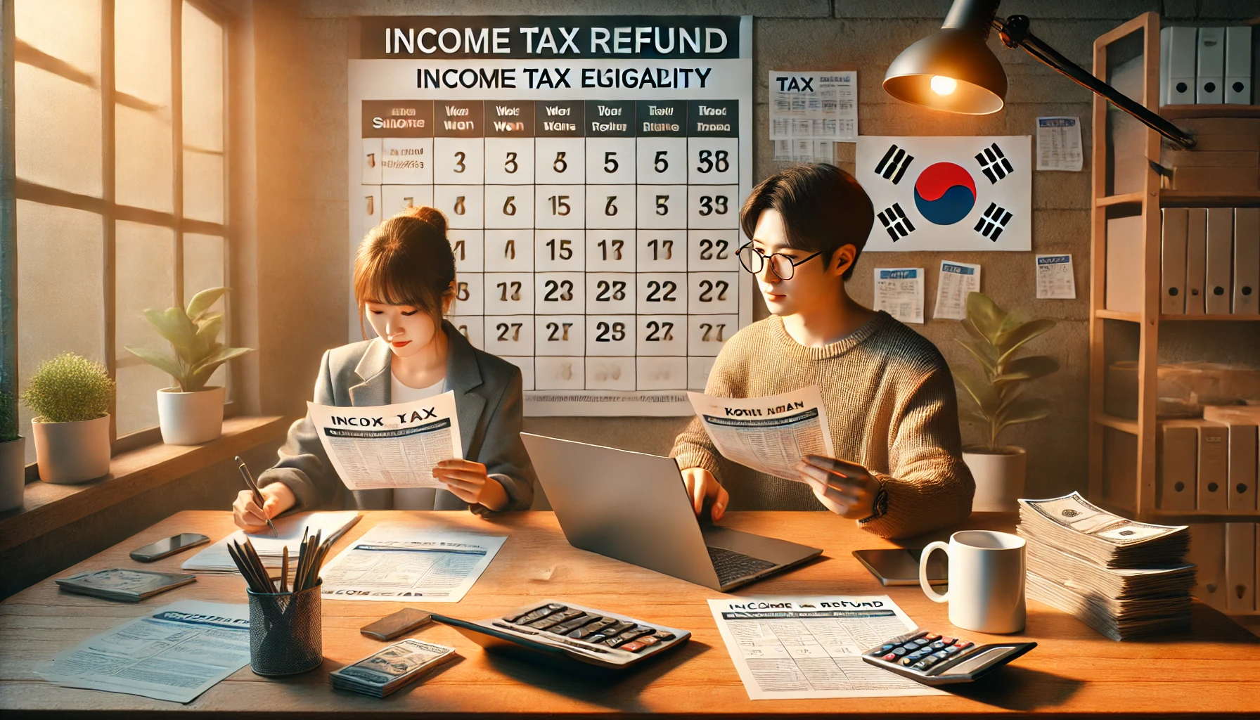 프리랜서와 근로자가 종합소득세 환급 서류를 확인하는 모습