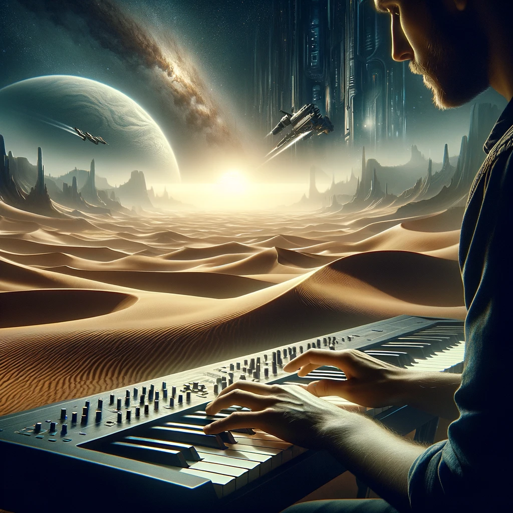 사운드 스케이프를 설명하기 위한 그림. 음악가가 신디사이저로 사막행성의 풍경을 그려내고 있다.