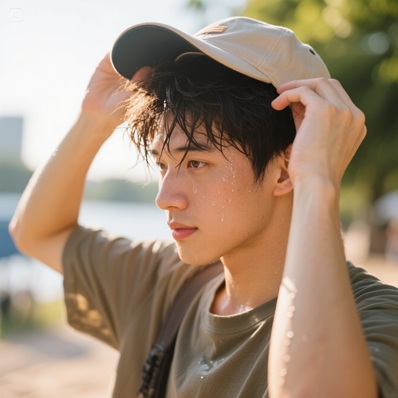 하루종일 모자 쓰고 벗었더니 땀에 젖은 머리