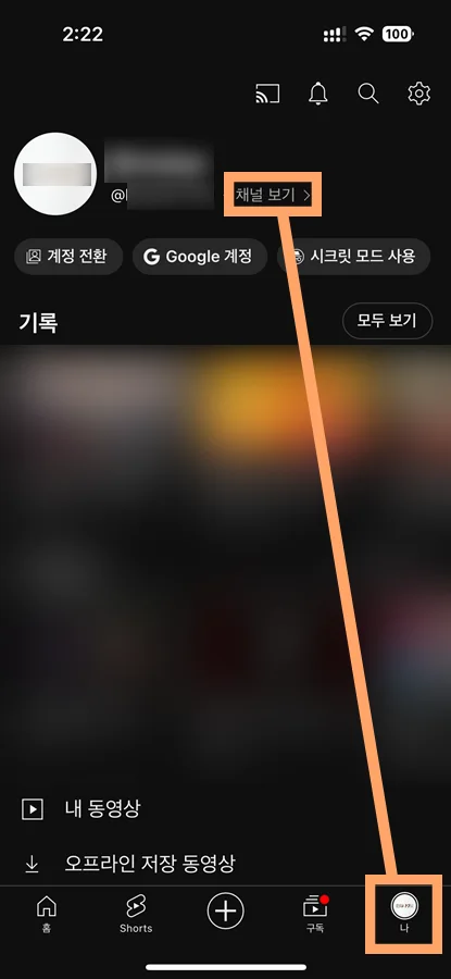 유튜브 내 채널에서 채널 보기 버튼 누르는 모습