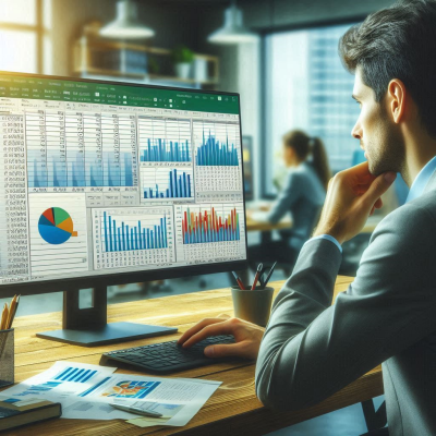 차트와 데이터가 가득한 화면을 보며 작업하는 사람의 모습입니다.