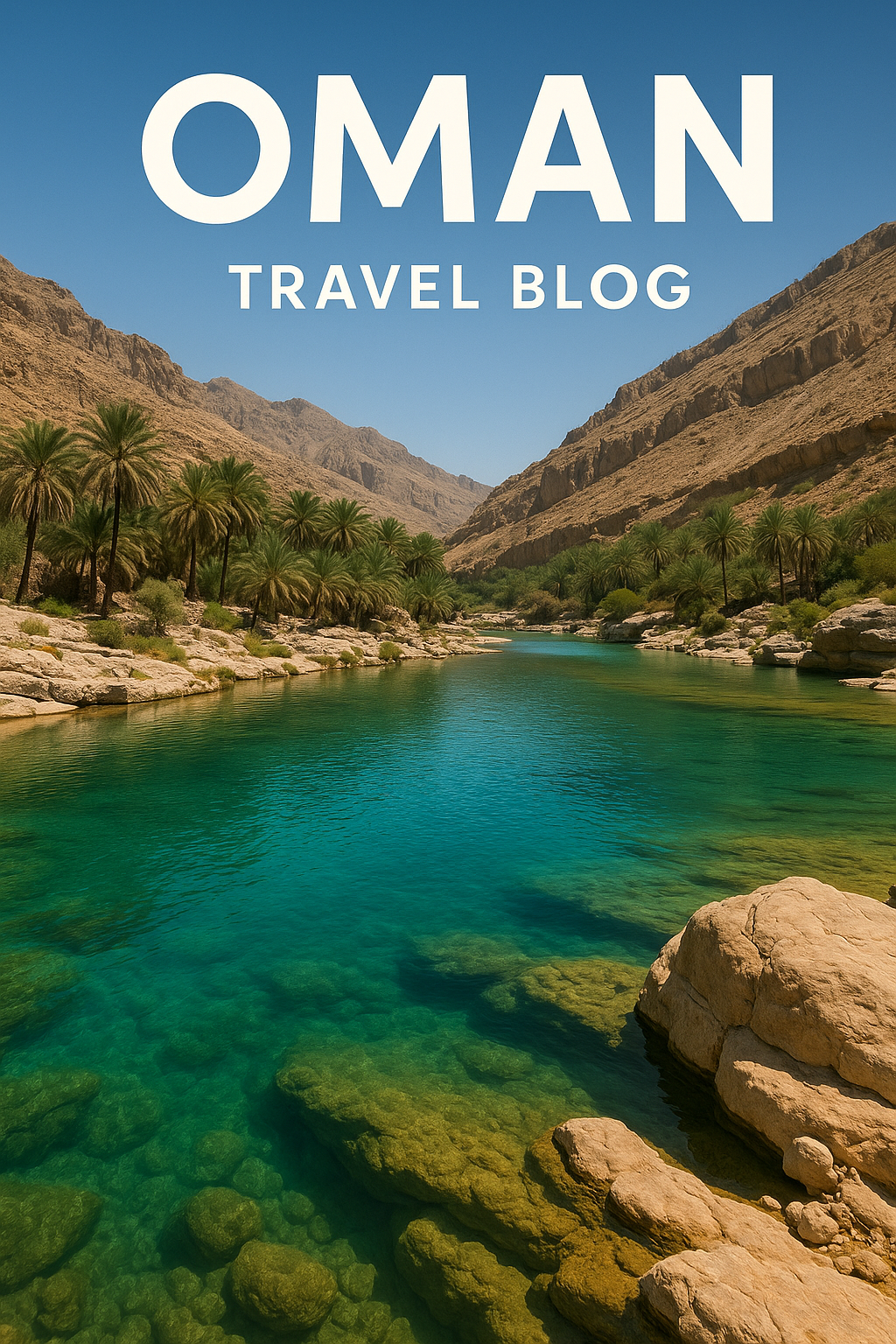 오만(Oman) 사막 산맥 사이에 위치한 에메랄드빛 천연 수영장과 야자수 군락이 평화롭게 어우러진 풍경입니다.